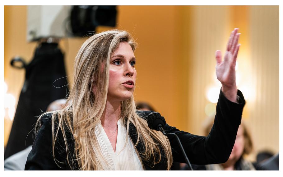 U.S. Capitol Police officer Caroline Edwards testifies in June 2022 during the House Select Committee hearings investigating the Jan. 6 attack on the U.S. Capitol.