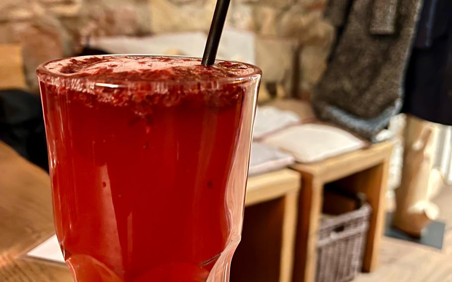 A homemade blackberry lemonade at Bruno's restaurant in Neustadt an der Weinstrasse, Germany, Nov. 13, 2021. The restaurant offers organic bottled drinks, iced teas, lemonades, local beers, wines and coffee drinks. 