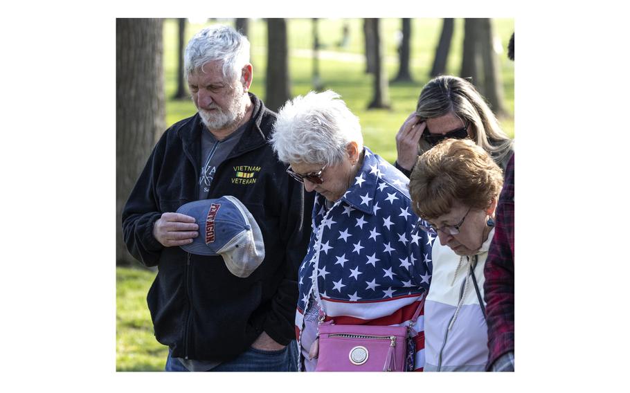 Attendees bow for the invocation at a National Vietnam War Veterans Day ceremony in Washington, D.C., March 29, 2024.