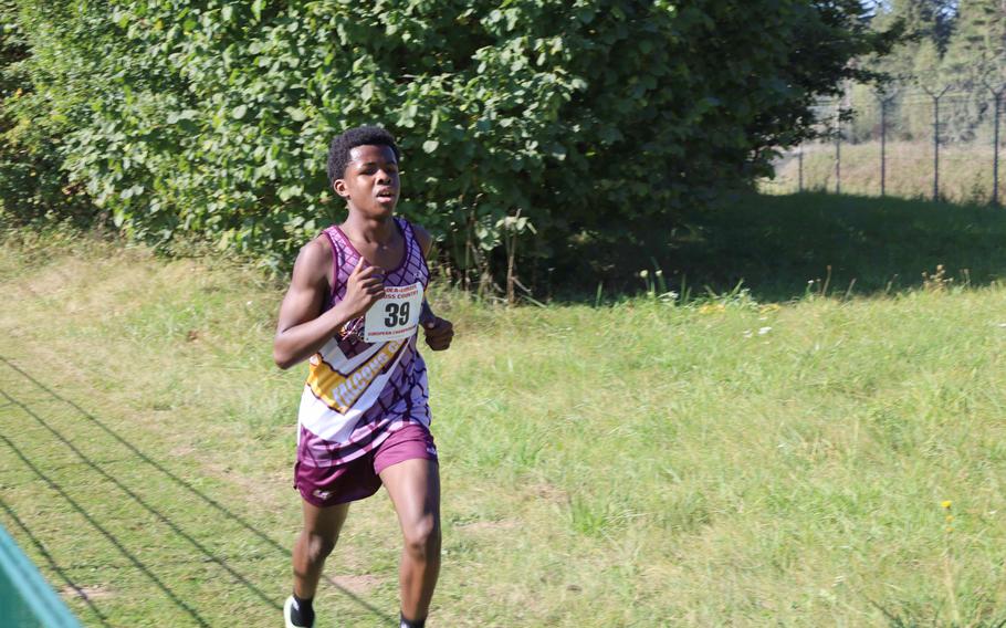 Vilseck’s Kendall Terrell runs during the the boys’ race at Vilseck, Germany, Saturday, Sept. 25, 2021.