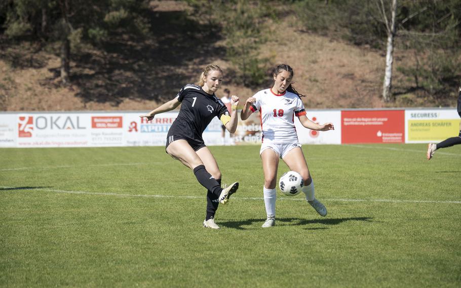 Vicenza senior Maya Fitch goes up against American Overseas School of Rome freshman Gabriella Cioe in a match that resulted in a 3-0 win for the Cougars during the Division II DODEA European Championships at Reichenbach-Steegen, Germany on May 20, 2025.