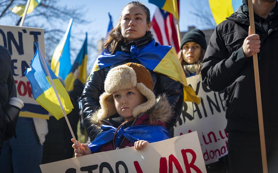 Markiian Ryzhuk, 5, attends a rally opposing Russia’s invasion of Ukraine on Feb. 27, 2022, outside Saints Volodymyr & Olha Ukrainian Catholic Church in Chicago’s Ukrainian Village.