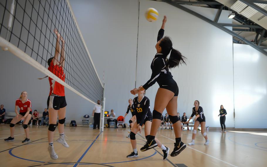 Stuttgart’s Ayana Gomez spikes the ball during the Panthers’ match against the Lakenheath Lancers, Thursday,  Oct. 27, 2022, at Ramstein Air Base, Germany.