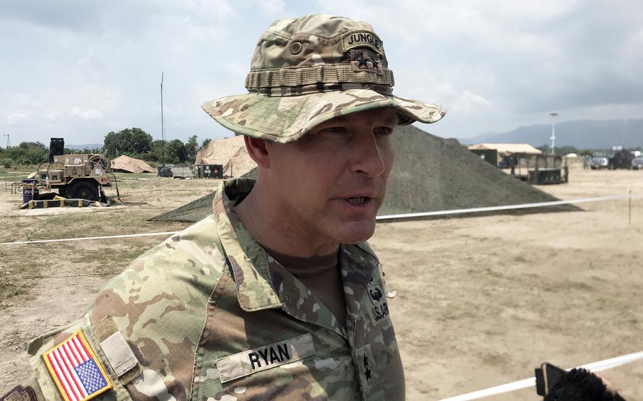U.S. Army Maj. Gen. Joseph Ryan, commander of the Hawaii-based 25th Infantry Division, speaks to reporters about the Balikatan exercise in San Antonio, Philippines, Wednesday, April 26, 2023.