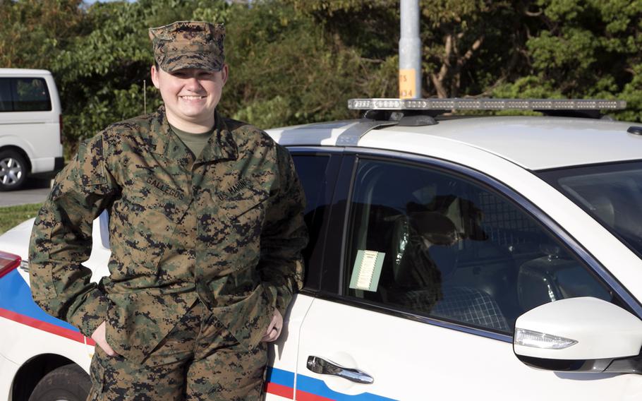 Lance Cpl. Noelle Gallegos, a patrolman with Marine Corps Installations Pacific’s provost marshal’s office, poses at Camp Courtney, Okinawa, Nov. 6, 2021. She was awarded last month for preventing a fellow Marine from harming herself. 