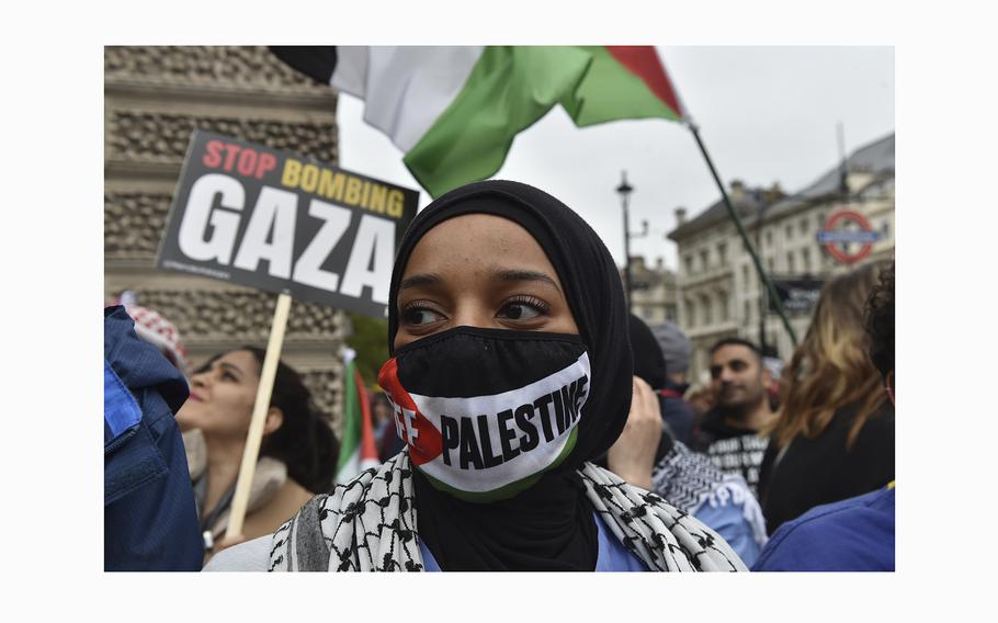 Pro-Palestinian protesters take part in a demonstration in London on Saturday, April 27, 2024. 