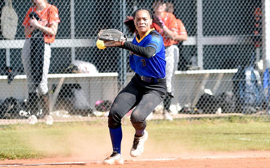 Sigonella third baseman Nyeema Fernandez begins her motion to throw the ball to first base after fielding a grounder during an April 27, 2024, game against the Sentinels at Spangdahlem High School in Spangdahlem, Germany.
