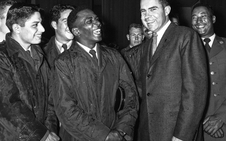 Nouasseur Air Base, Morocco, March, 1957: Vice President Richard Nixon talks with U.S. airmen at Nouasseur Air Base in Morocco. Nixon’s goodwill tour of the African country got off to a raucous start when, according to a news account, he “tossed protocol overboard by climbing out of his open car and mingling with the screaming Moroccan crowds mobbing his route into (Rabat).”