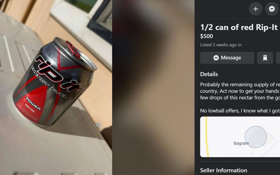In a Facebook marketplace ad on the group ''Bagram Buy, Sell, Trade,'' Marine Corps veteran Justin Modeste jokingly offered to sell his last half can of red ''Power'' Rip It for $500 on Wednesday, June 16, 2021. It wasn't the last can on Bagram, Modeste told Stars and Stripes, but it was his last can before leaving as part of the U.S. withdrawal in the summer of 2021.