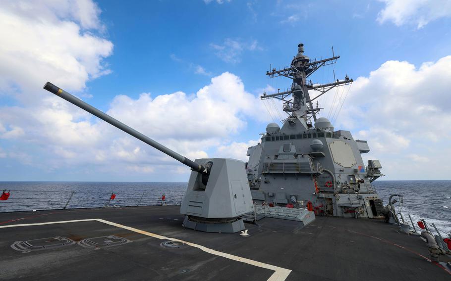 The guided-missile destroyer USS John Finn sails with the Japanese destroyer JS Sazanami and Australian frigate HMAS Warramunga in the South China Sea, Feb. 7, 2024