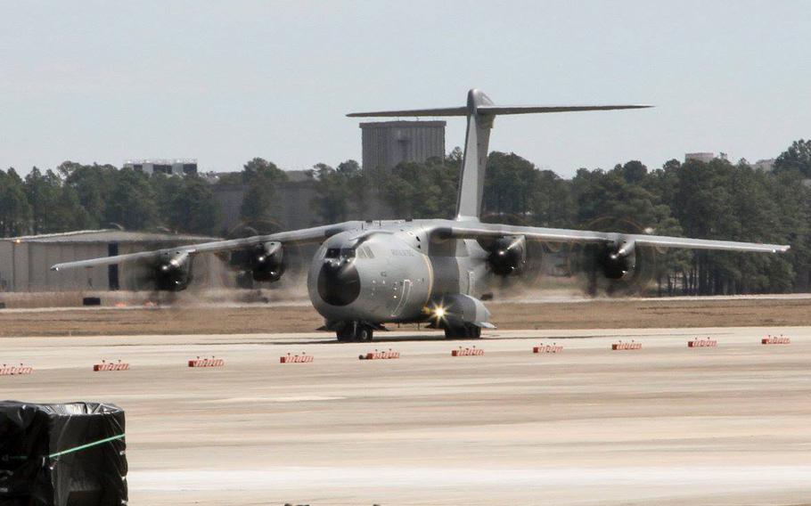 An A400M Atlas lands at Pope Army Airfield, N.C., March 16, 2015.