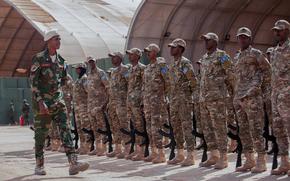 A line of Somali soldiers stand at attention.