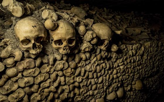 Skulls in the Catacombs of Paris, France.