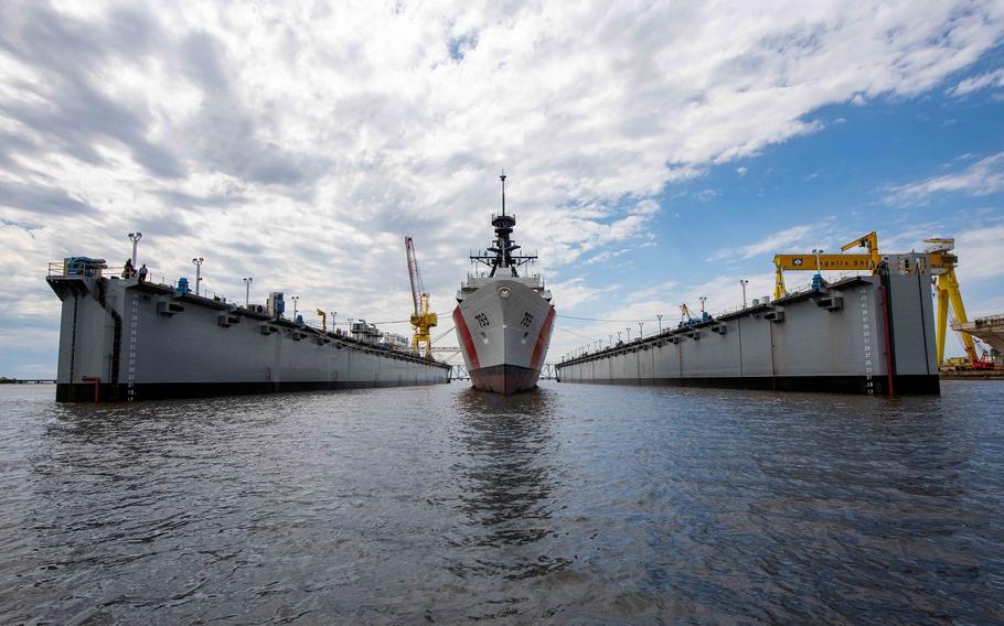 The National Security Cutter Calhoun (WMSL 759) is scheduled to be christened in June 2022 and delivered to the Coast Guard in early 2023.