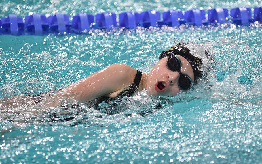 Vicenza Mako Shark Evelyn Koon swims the 9-year-old girls 50-meter freestyle during the European Forces Swim League Short-Distance Championships on Feb. 11, 2024, at the Pieter van den Hoogenband Zwemstadion at the Nationaal Zwemcentrum de Tongelreep in Eindhoven, Netherlands.