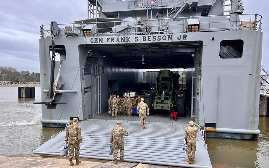 U.S. Army Vessel General Frank S. Besson (LSV-1) from the 7th Transportation Brigade (Expeditionary), 3rd Expeditionary Sustainment Command, XVIII Airborne Corps, prepares to depart Joint Base Langley-Eustis, Va., Saturday, March 9, 2024.