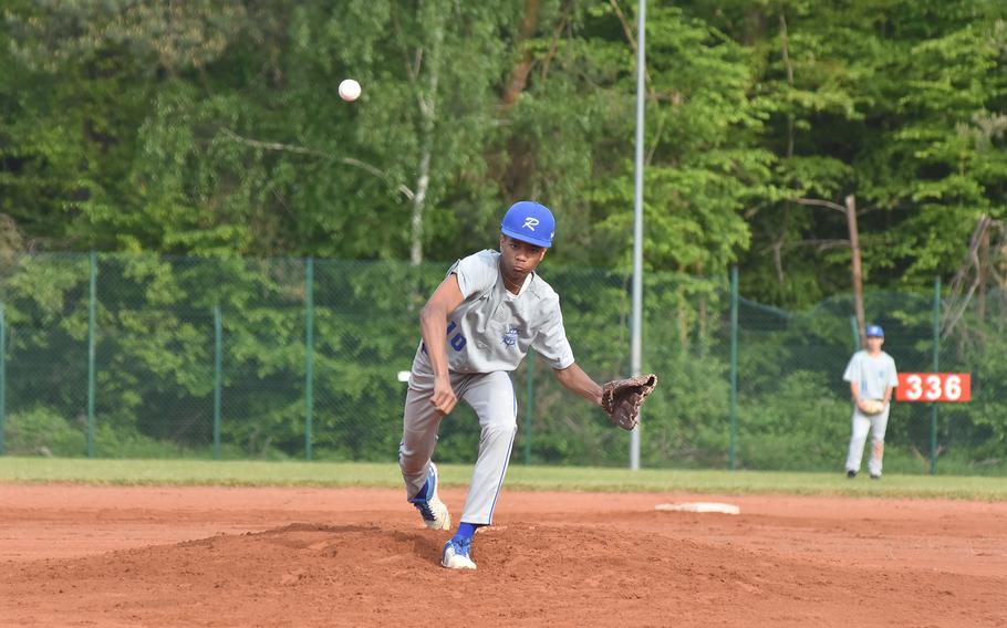 Rota's Jaylon Moody pitches against Aviano on Friday, May 19, in the DODEA-Europe Division II/III baseball championships in Kaiserslautern, Germany. The Admirals lost 18-3.