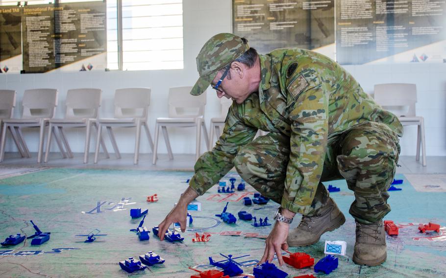 Col. Ben McLennan, commander of the Australian army’s Combat Training Center, explains a force-on-force Talisman Sabre exercise at Townsville Field Training Area, Australia, July 24, 2023.