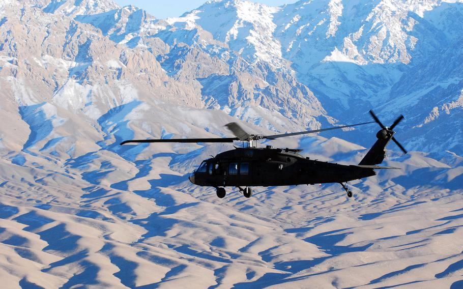 A UH-60 Black Hawk helicopter flies over eastern Afghanistan, Nov. 11, 2013. 
