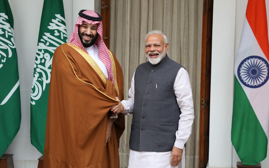 Mohammed Bin Salman, Saudi Arabia’s crown prince, left, shakes hands with Narendra Modi, India’s prime minister, at Hyderabad House in New Delhi on Feb. 20, 2019. 