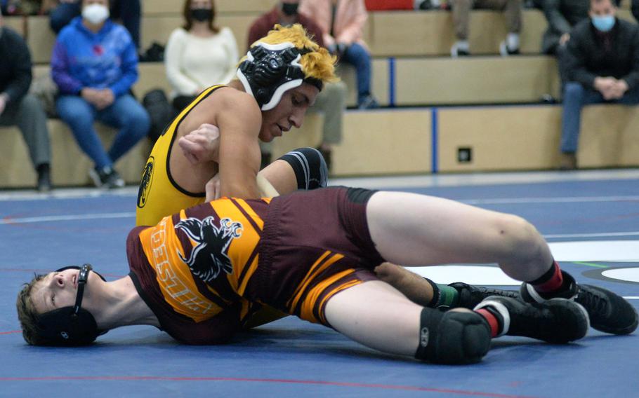 In the 113-pound title match at the high school 2022 Wrestling Tournament in Ramstein, Germany,  Stuttgart’s Michael Lurvey defeated Vilseck’s Cameron Granger.