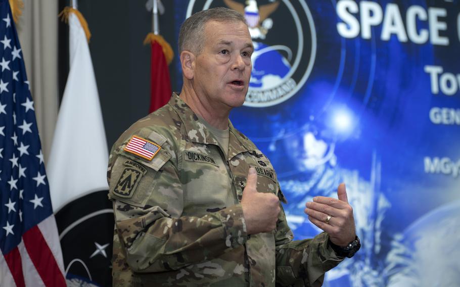 U.S. Army Gen. James Dickinson, U.S. Space Command commander, during a town hall at Schriever Space Force Base, Colo., Jan. 17, 2023. Dickinson is on hand this week at Space Symposium 2023 in Colorado Springs.