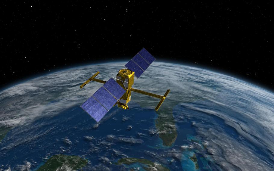 An illustration of the new Surface Water and Ocean Topography satellite. 
