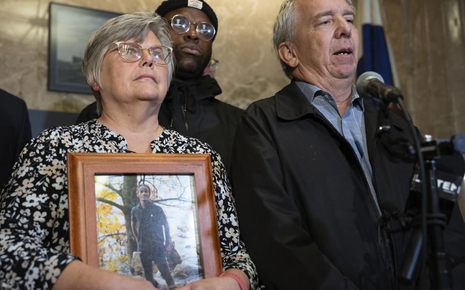 The family of Tekle Sundberg, including parents Cindy and Mark, speak during a press conference inside the Ramsey County Courthouse in Saint Paul, Minn., on Thursday, Nov. 16, 2023. The families of five Minnesota men who were killed by law enforcement officers have announced a lawsuit to force the Bureau of Criminal Apprehension to release its investigative files on their deaths, saying the state agency has failed to comply with Minnesota’s open records law.