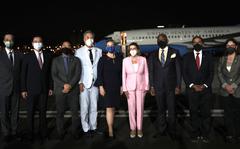 U.S. House Speaker Nancy Pelosi poses with the congressional delegation after landing in Taipei, Taiwan, late Tuesday, Aug. 2, 2022. 