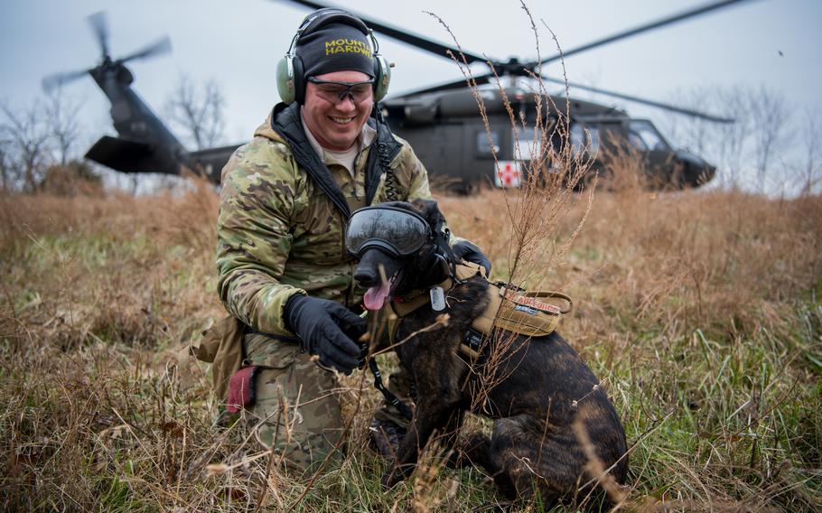 A dog and its handler sit in the grass with a helicopter in the background