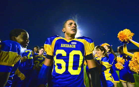 Kaiserslautern, Germany, Nov. 1, 2024: Ansbach's Joxua Baughman wears his emotions on his sleeve after winning the 2014 DODDS-Europe DII football championship against Hohenfels.

Find out which teams are on the road to championship - read Stars and Stripes' sport section!
https://www.stripes.com/sports/

META TAGS: Ansbach; DII; DODDS-Europe; Hohenfels; Kaiserslautern; football; prep sports; high school sports; 
