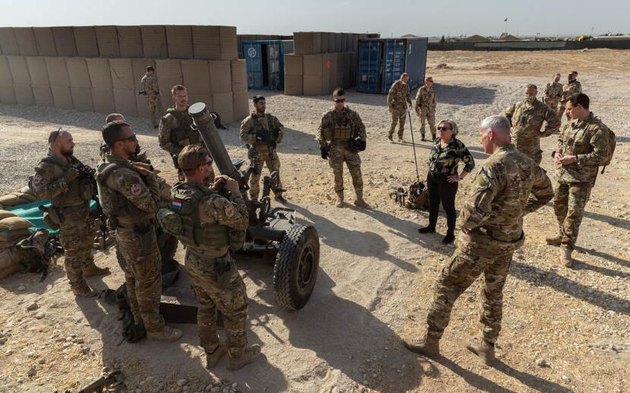 Dutch Defense Minister Ank Bijleveld visits troops in an undated photo taken in advance of the drawdown of Dutch forces from Afghanistan at Camp Marmal in the country's north.
AARON ZWAAL/Dutch Defense Ministry