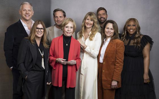 From left, Abe Sylvia, executive producer Katie O’Connell, Josh Lucas, Carol Burnett, Laura Dern, Ricky Martin, Jayme Lemons and Amber Chardae Robinson pose for a portrait to promote their Apple TV+ television miniseries “Palm Royale” during the Winter Television Critics Association Press Tour on Feb. 5, at The Langham Huntington Hotel in Pasadena, Calif. 
