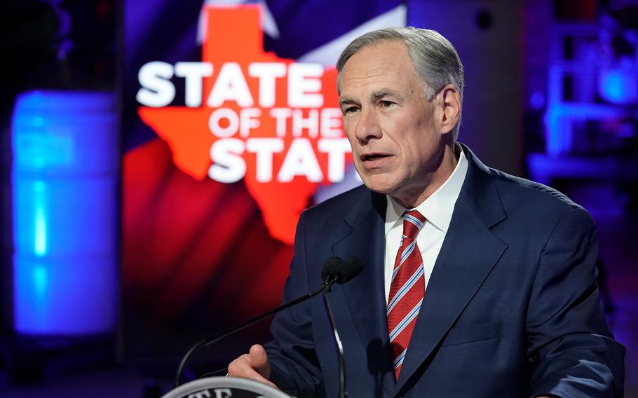 Texas Gov. Greg Abbott gives a State of the State address on Feb. 18, 2021. Abbott said on Thursday, June 10, that due to the illegal immigrant crisis at the U.S.-Mexico border, Texas is planning to build a border wall.