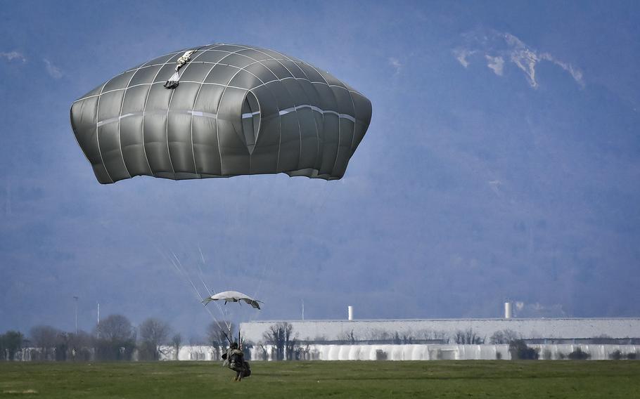 A 173rd Airborne Brigade soldier descends into the Juliet Drop Zone near Vajont, Italy, on March 14, 2024, during an all-women parachute jump.