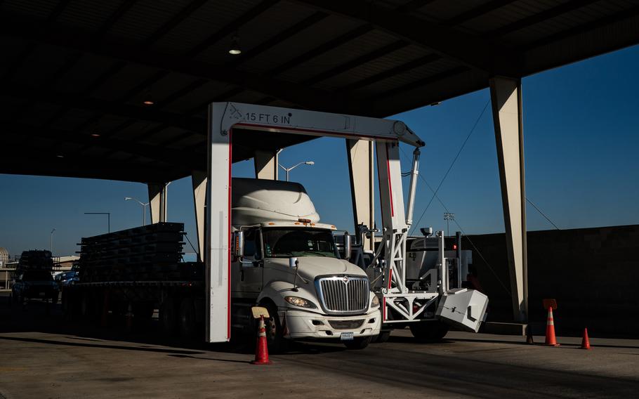 A truck goes through a scanner as it makes its way into the U.S. from Mexico at the Laredo Port of Entry in Laredo, Texas, on Jan. 14, 2022. 