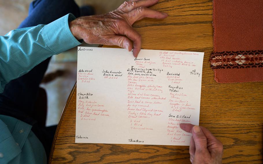 Edna Kay Hinkle keeps a list of the relatives who have had cancer and their proximity to where the 1945 New Mexico atomic explosion occurred. 