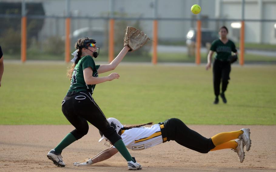 Kayla Gilmore dives into second.
