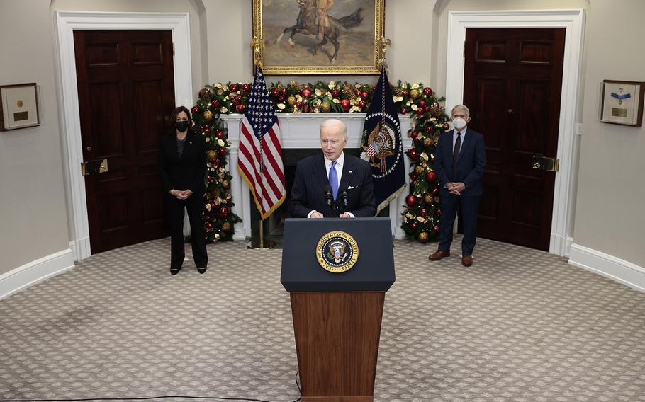 U.S. President Joe Biden delivers remarks on the Omicron COVID-19 variant following a meeting with his COVID-19 response team, including U.S. Vice President Kamala Harris (left) and Anthony Fauci (right), Director of the National Institute of Allergy and Infectious Diseases and Chief Medical Adviser to the President, at the White House on Nov. 29, 2021, in Washington, D.C. 
