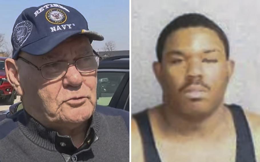 A video screen grab shows Navy veteran Lyft driver James Evans, left, and a police mug shot shows stabbing suspect Steffon Mitchell.
