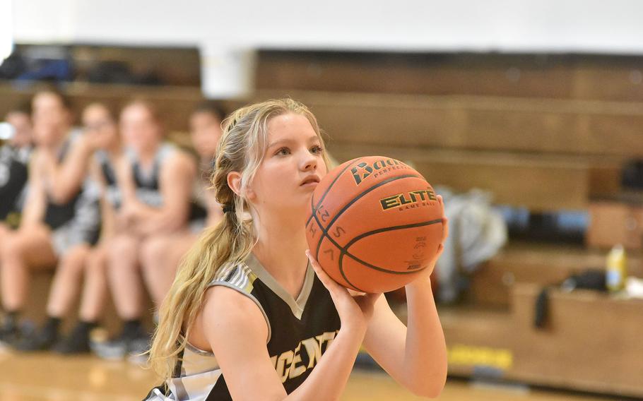 Vicenza's Addie Kropp concentrates on making a free throw Thursday, March 3, 2022, at the DODEA-Europe Divisoin II basketball championships.