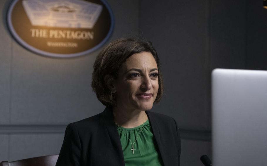 Katie Arrington discusses cybersecurity during an online meeting with the Norwegian National Defense and Security Industries Association in Washington, D.C., Jan. 13, 2021. 