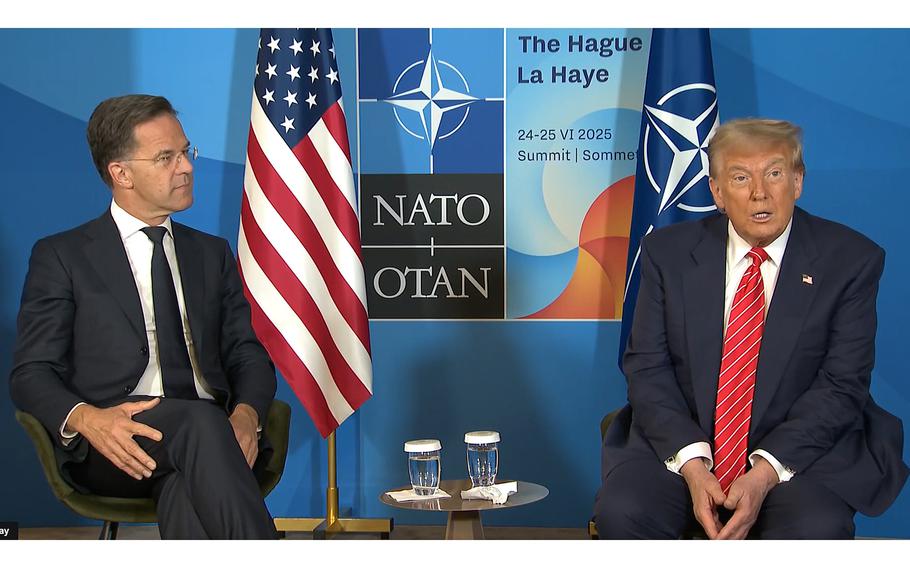 NATO Secretary-General Mark Rutte listens to President Donald talk with NATO backdrop.