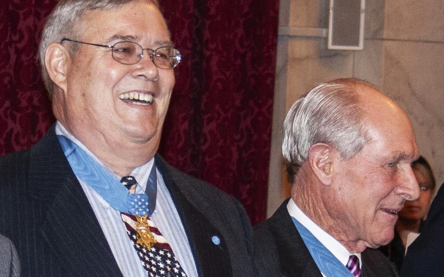 Medal of Honor recipients Charles Hagemeister, left, and Thomas Hudner at a Capitol Hill reception in March, 2007.