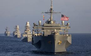 U.S. 6th Fleet flagship USS Mount Whitney and Italian navy frigates Carlo Margottini and Virginio Fasan sail in formation in the Mediterranean Sea on Nov. 3, 2023. Mount Whitney returned to its homeport in Gaeta, Italy, on Dec. 8, 2023. 

