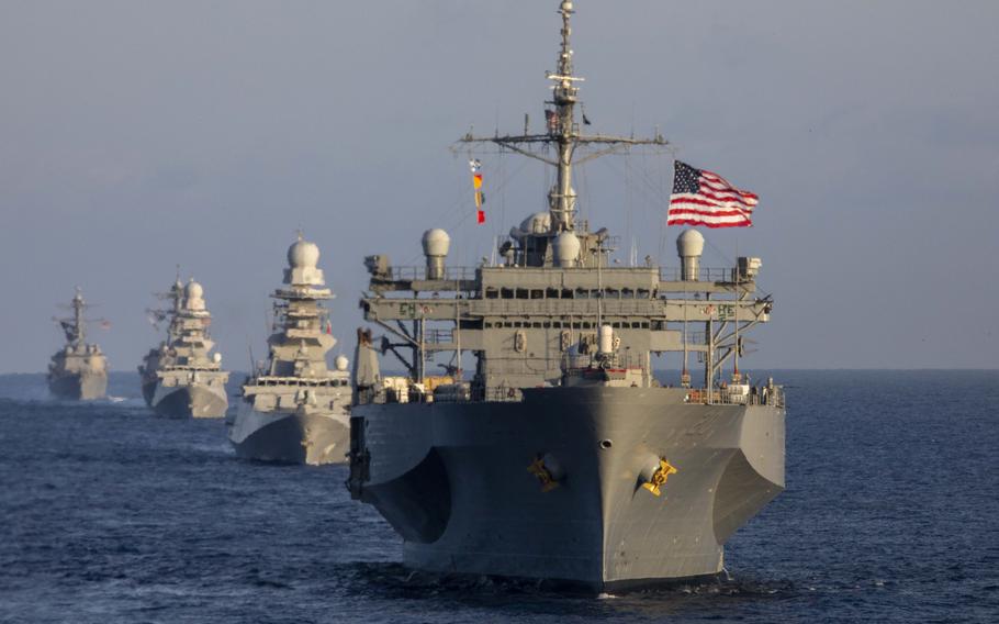 U.S. 6th Fleet flagship USS Mount Whitney and Italian navy frigates Carlo Margottini and Virginio Fasan sail in formation in the Mediterranean Sea on Nov. 3, 2023. Mount Whitney returned to its homeport in Gaeta, Italy, on Dec. 8, 2023. 