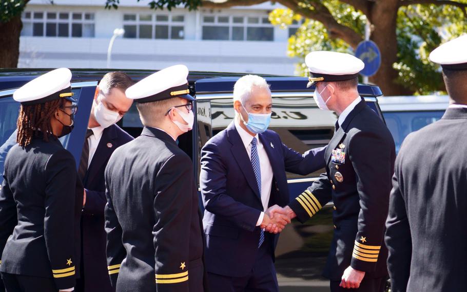 Yokosuka Naval Base commander Capt. Rich Jarret welcomes U.S. Ambassador to Japan Rahm Emanuel to the installation, Thursday, Feb. 17, 2022. 