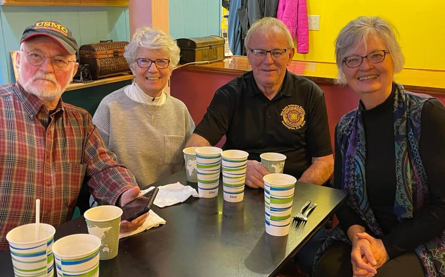 Ken, far left, and Betty Rodgers, far right, are film producers and directors of a new documentary, “I Married the War.”