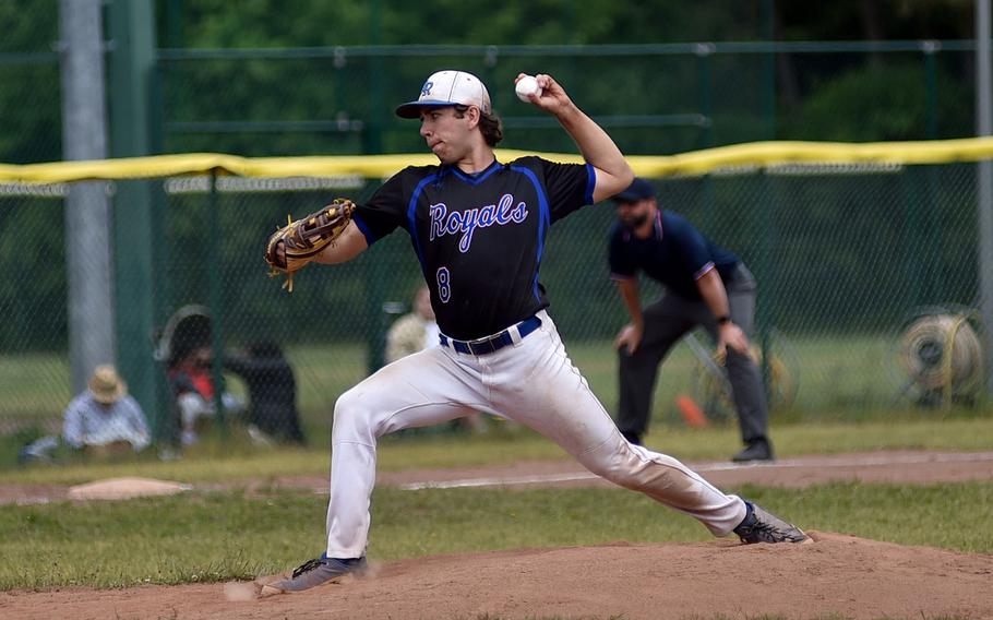 Ramstein senior Conor McGinty pitches during the Division I final agaisnt Kaiserslautern at the 2025 DODEA European baseball championships on May 23, 2025, at Southside Fitness Center on Ramstein Air Base, Germany.