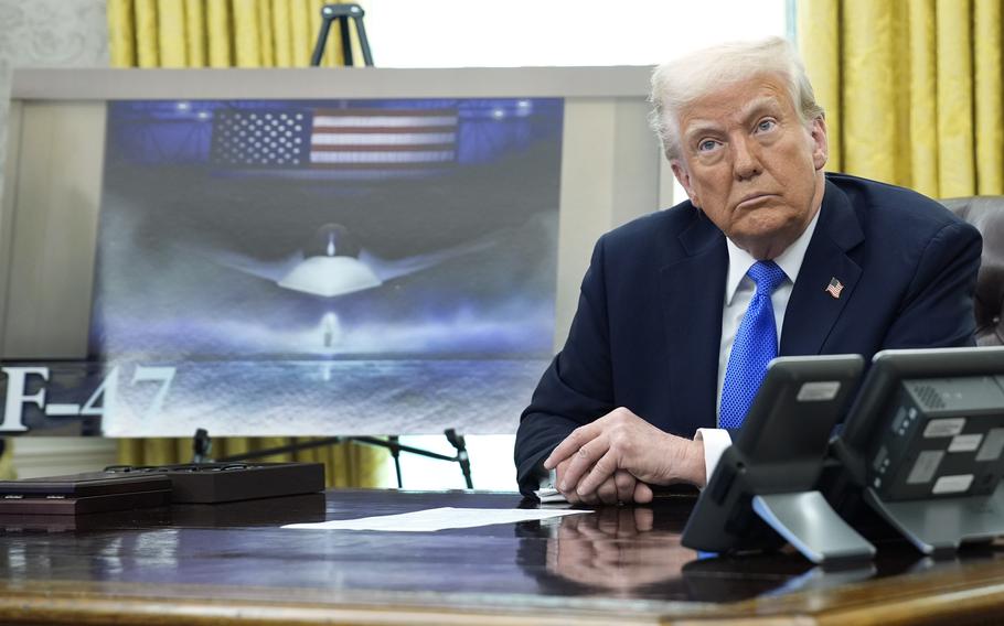 U.S. President Donald Trump announces the F-47 sixth generation fighter jet in the Oval Office of the White House.
